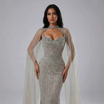 Luxury Dubai Caramel Beaded Evening Dress With Cape LA72811C - SERENE  HILL