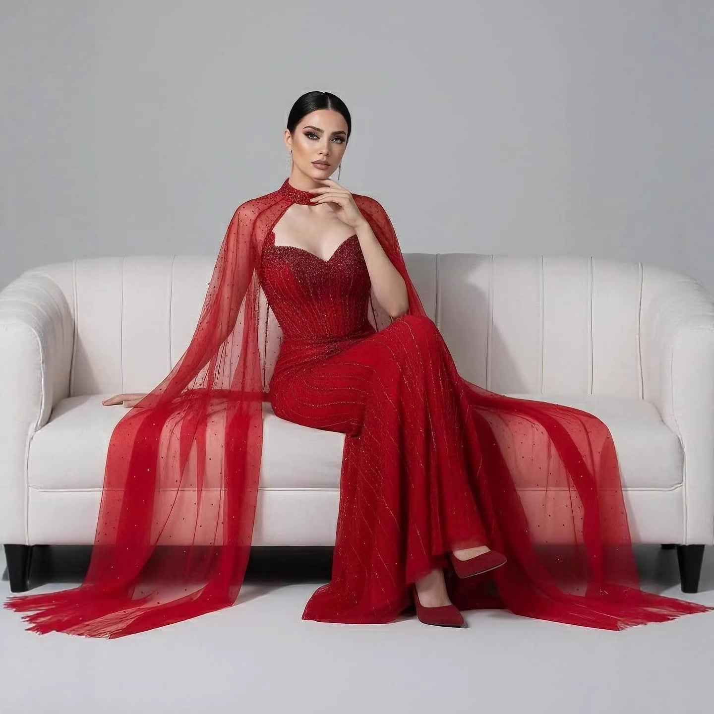 Luxury Dubai Caramel Beaded Evening Dress With Cape LA72811C - SERENE  HILL
