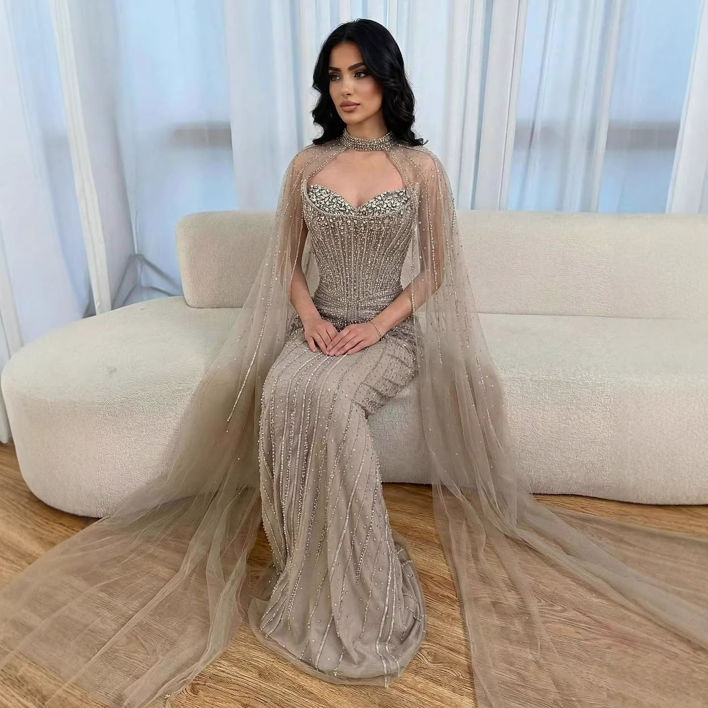 Luxury Dubai Caramel Beaded Evening Dress With Cape LA72811C - SERENE  HILL