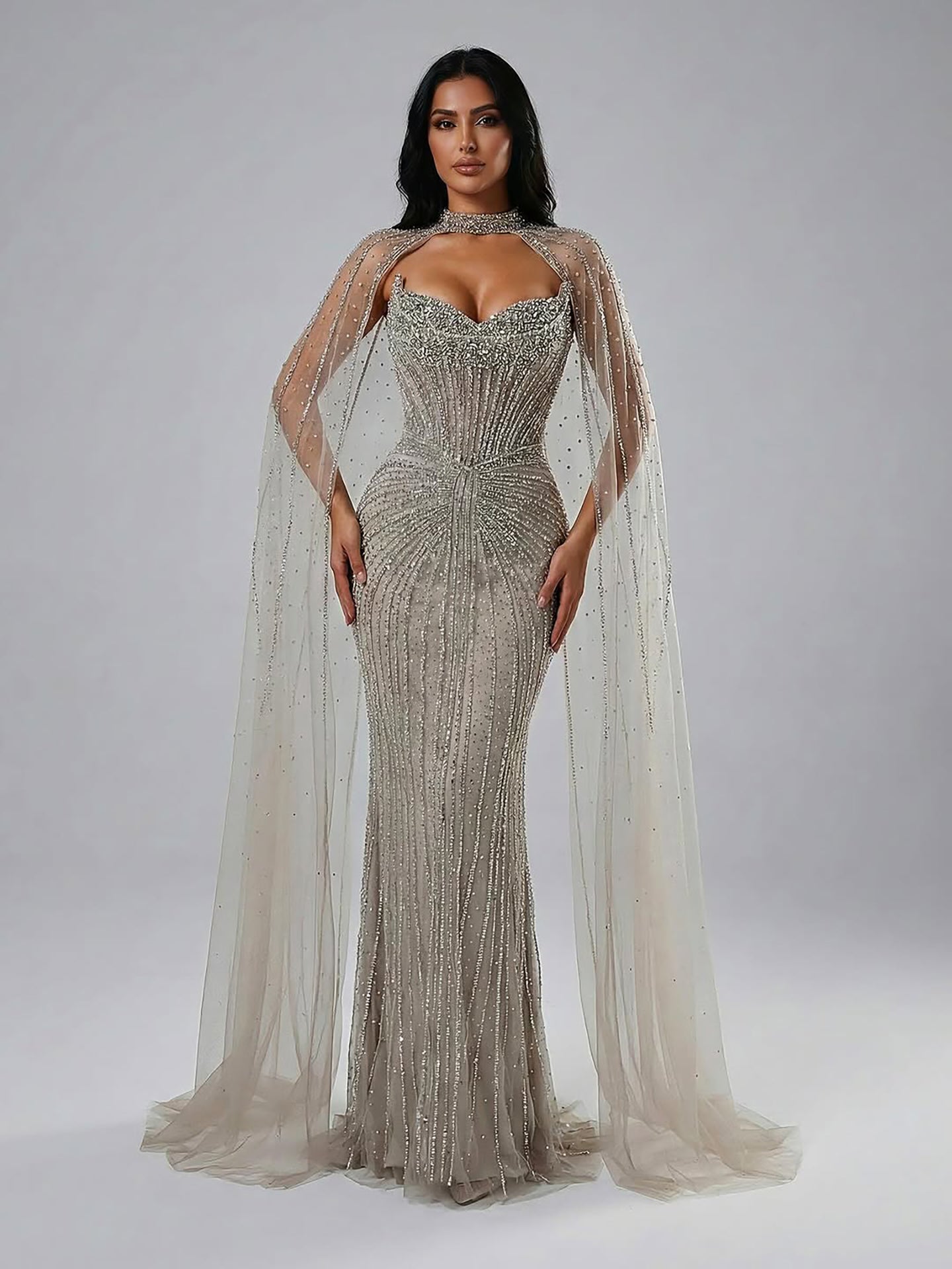 Luxury Dubai Caramel Beaded Evening Dress With Cape LA72811C - SERENE  HILL