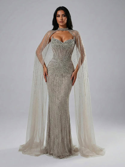 Luxury Dubai Caramel Beaded Evening Dress With Cape LA72811C - SERENE  HILL