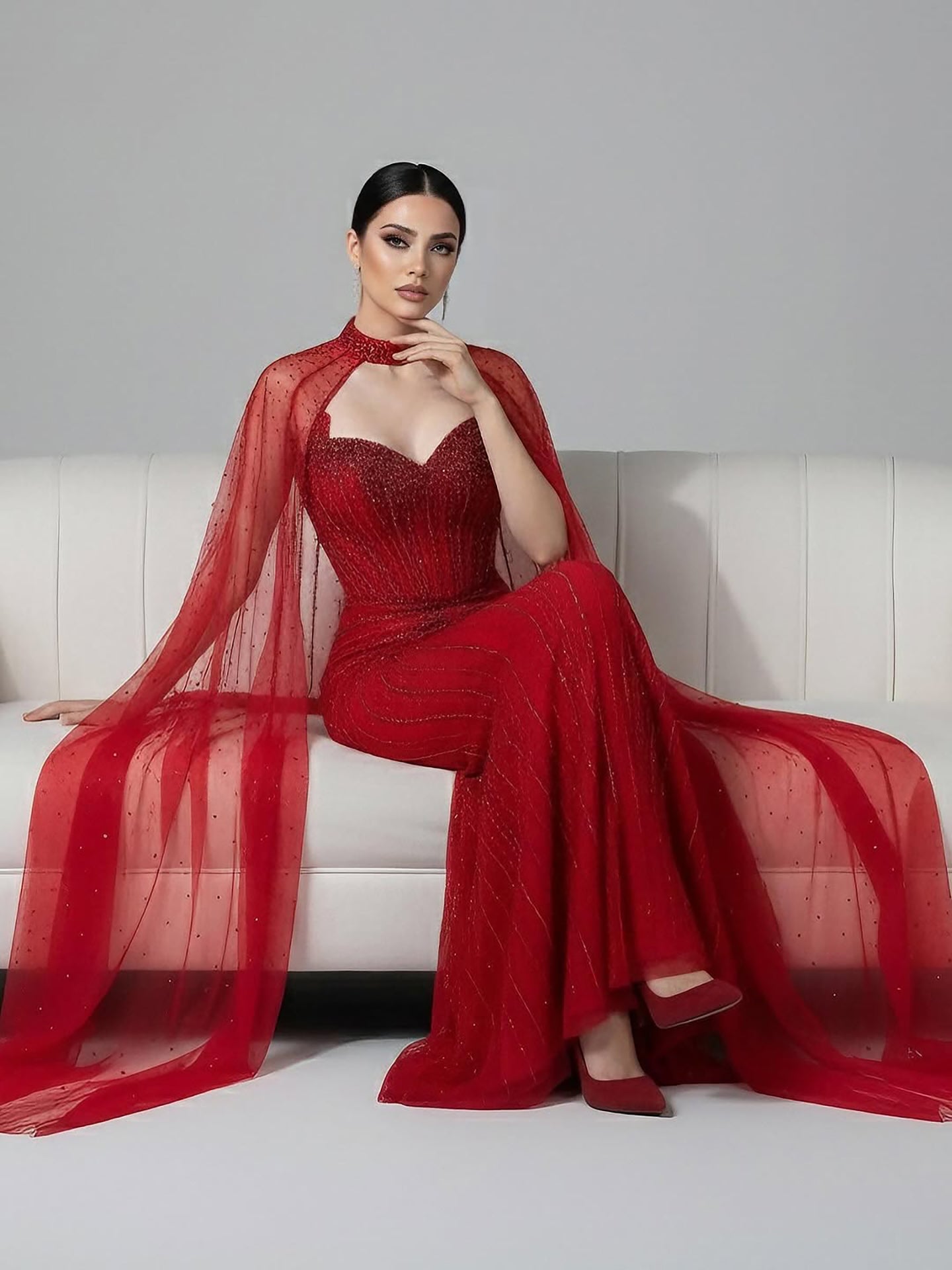 Luxury Dubai Caramel Beaded Evening Dress With Cape LA72811C - SERENE  HILL