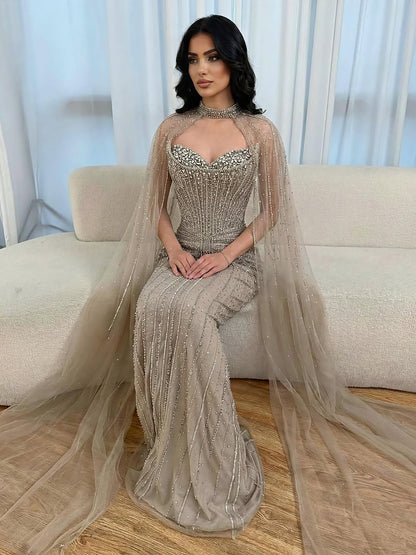 Luxury Dubai Caramel Beaded Evening Dress With Cape LA72811C - SERENE  HILL