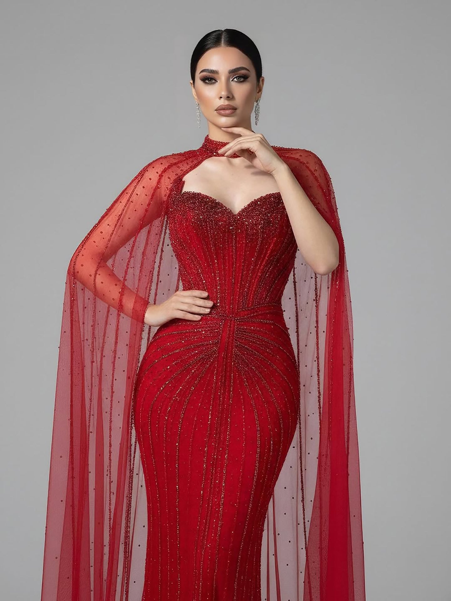 Luxury Dubai Caramel Beaded Evening Dress With Cape LA72811C - SERENE  HILL