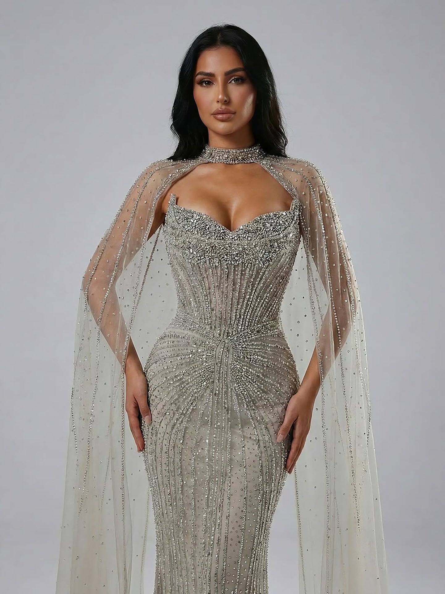 Luxury Dubai Caramel Beaded Evening Dress With Cape LA72811C - SERENE  HILL
