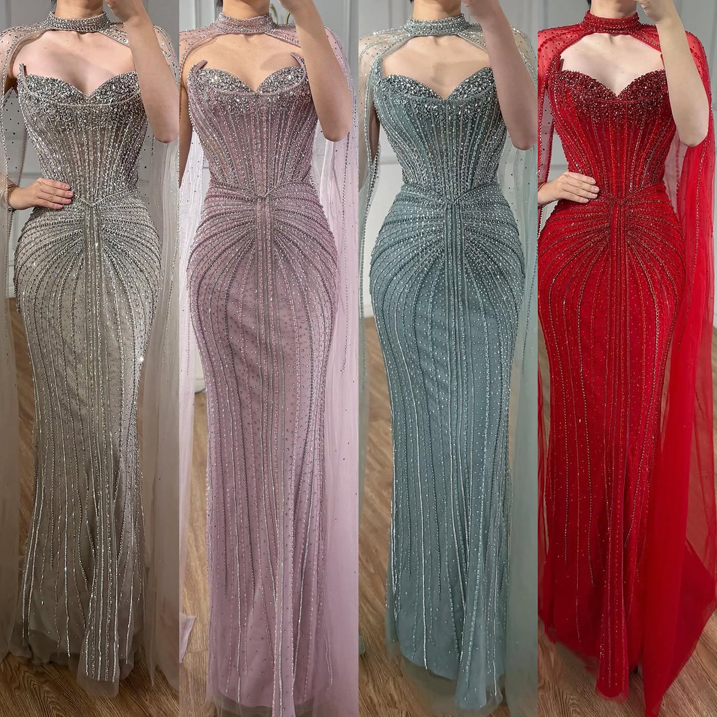 Luxury Dubai Caramel Beaded Evening Dress With Cape LA72811C - SERENE  HILL