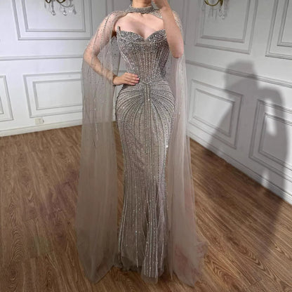 Luxury Dubai Caramel Beaded Evening Dress With Cape LA72811C - SERENE  HILL
