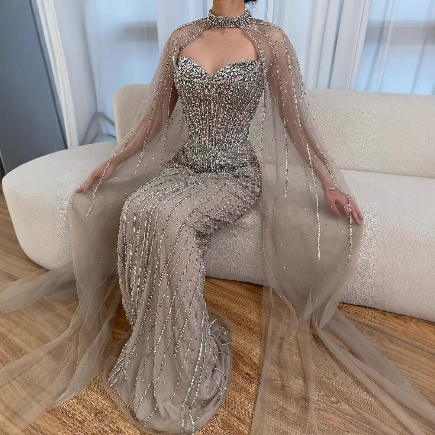 Luxury Dubai Caramel Beaded Evening Dress With Cape LA72811C - SERENE  HILL