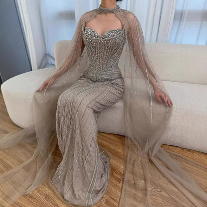 Luxury Dubai Caramel Beaded Evening Dress With Cape LA72811C - SERENE  HILL