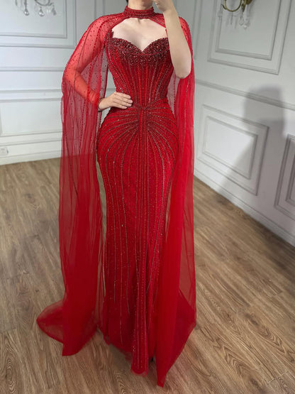 Luxury Dubai Caramel Beaded Evening Dress With Cape LA72811C - SERENE  HILL