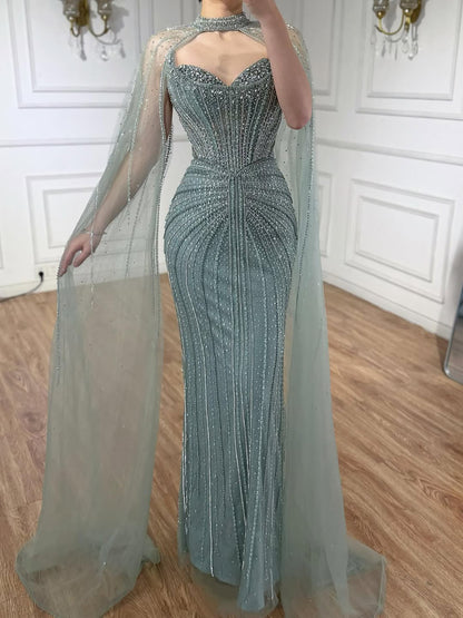 Luxury Dubai Caramel Beaded Evening Dress With Cape LA72811C - SERENE  HILL