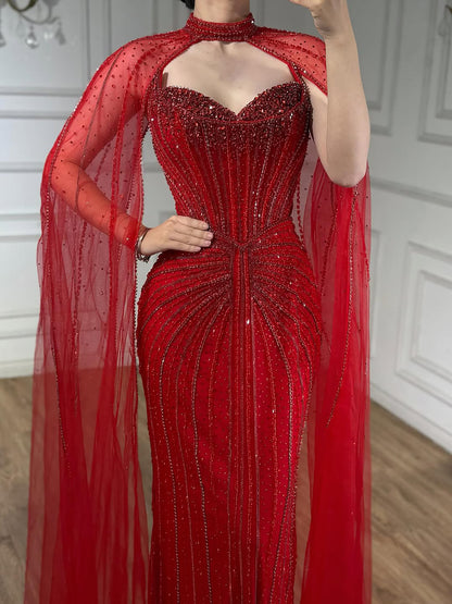 Luxury Dubai Caramel Beaded Evening Dress With Cape LA72811C - SERENE  HILL