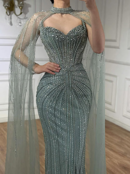 Luxury Dubai Caramel Beaded Evening Dress With Cape LA72811C - SERENE  HILL