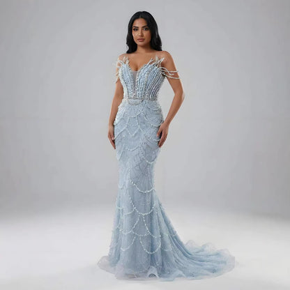 Luxury Dubai   Nude Saudi Pearls Beaded Mermaid Evening Dresses Gowns for Formal Occasion LA72816