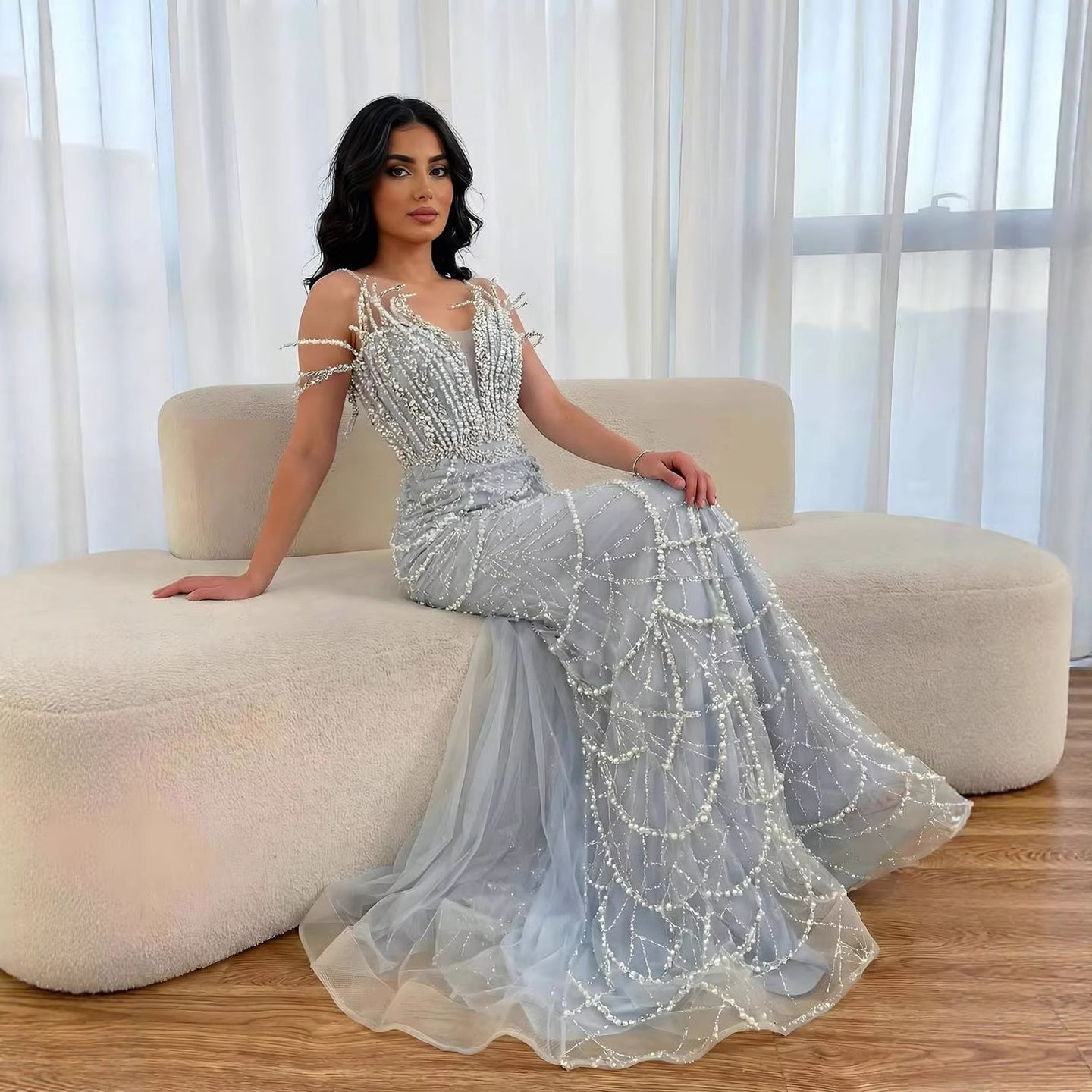 Luxury Dubai   Nude Saudi Pearls Beaded Mermaid Evening Dresses Gowns for Formal Occasion LA72816
