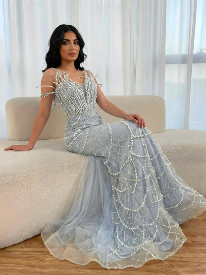 Luxury Dubai   Nude Saudi Pearls Beaded Mermaid Evening Dresses Gowns for Formal Occasion LA72816