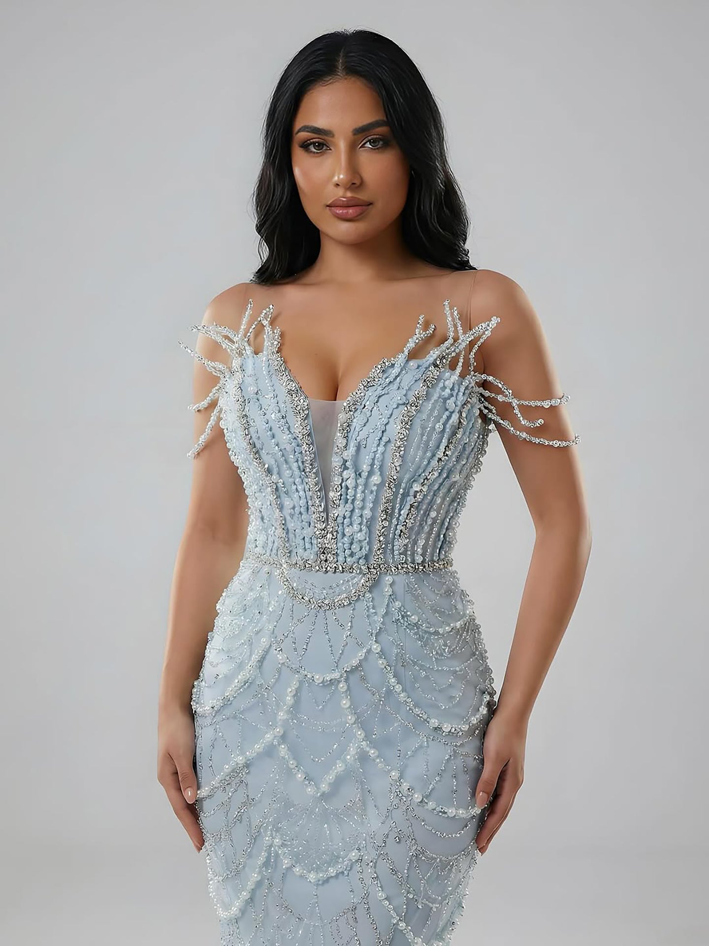 Luxury Dubai   Nude Saudi Pearls Beaded Mermaid Evening Dresses Gowns for Formal Occasion LA72816