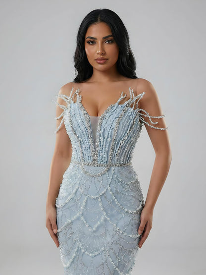 Luxury Dubai   Nude Saudi Pearls Beaded Mermaid Evening Dresses Gowns for Formal Occasion LA72816