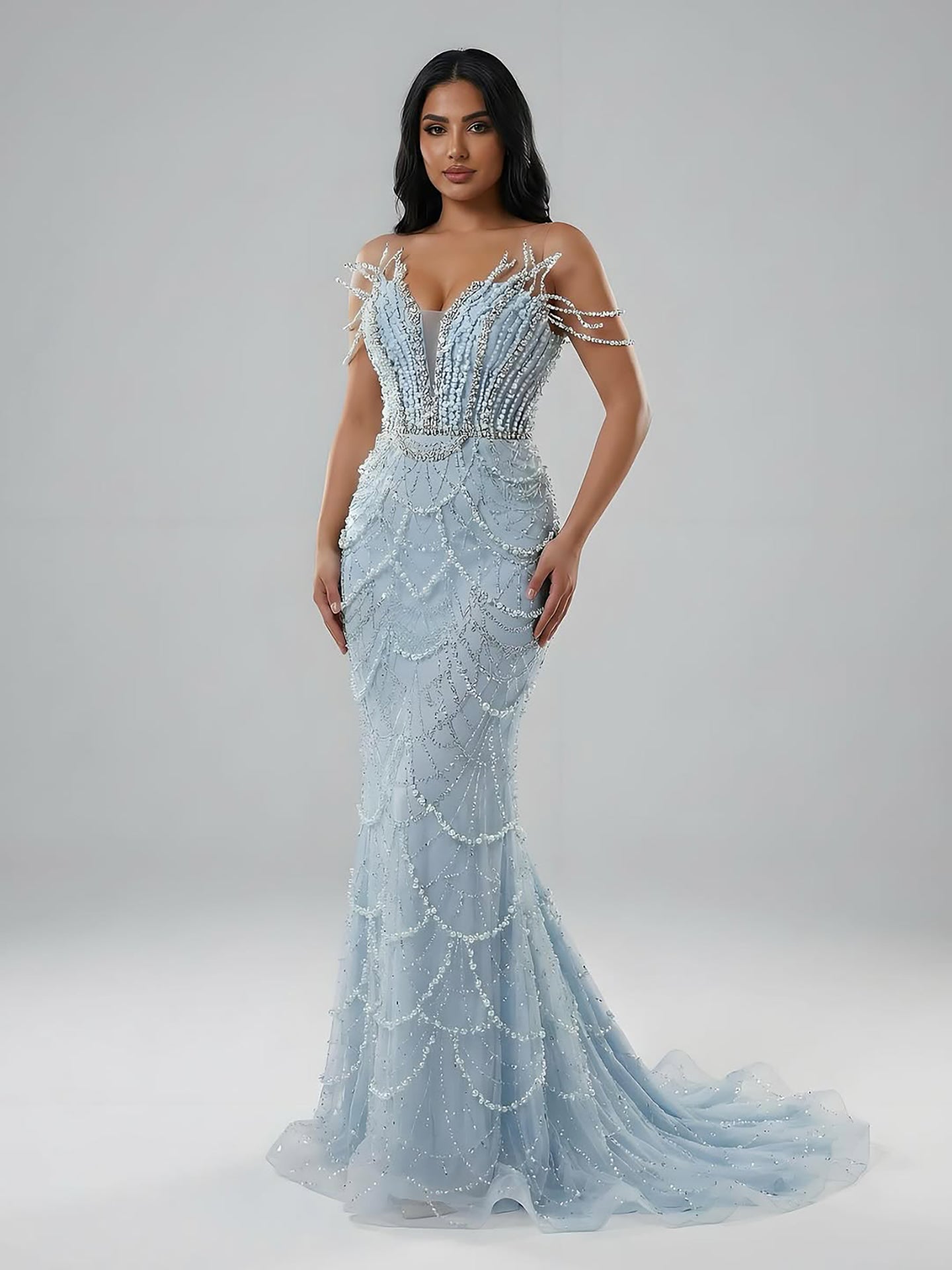 Luxury Dubai   Nude Saudi Pearls Beaded Mermaid Evening Dresses Gowns for Formal Occasion LA72816