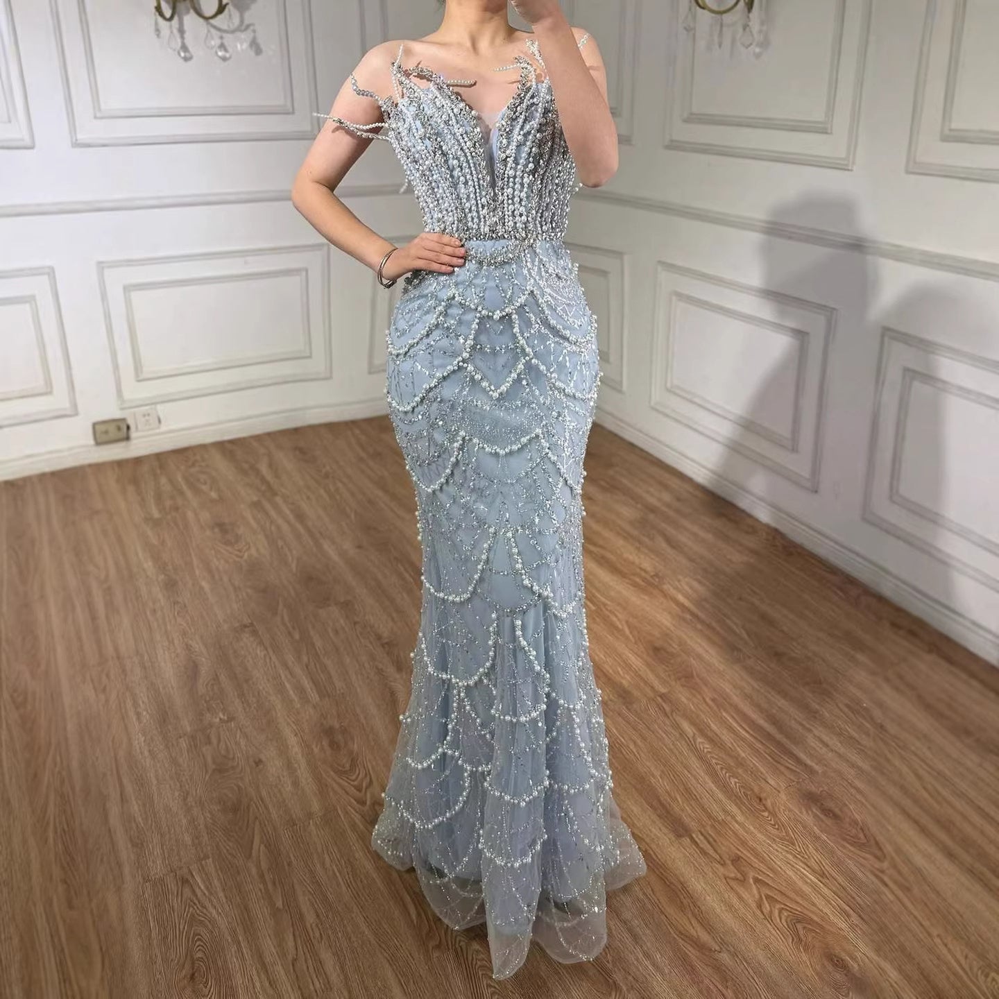 Luxury Dubai   Nude Saudi Pearls Beaded Mermaid Evening Dresses Gowns for Formal Occasion LA72816