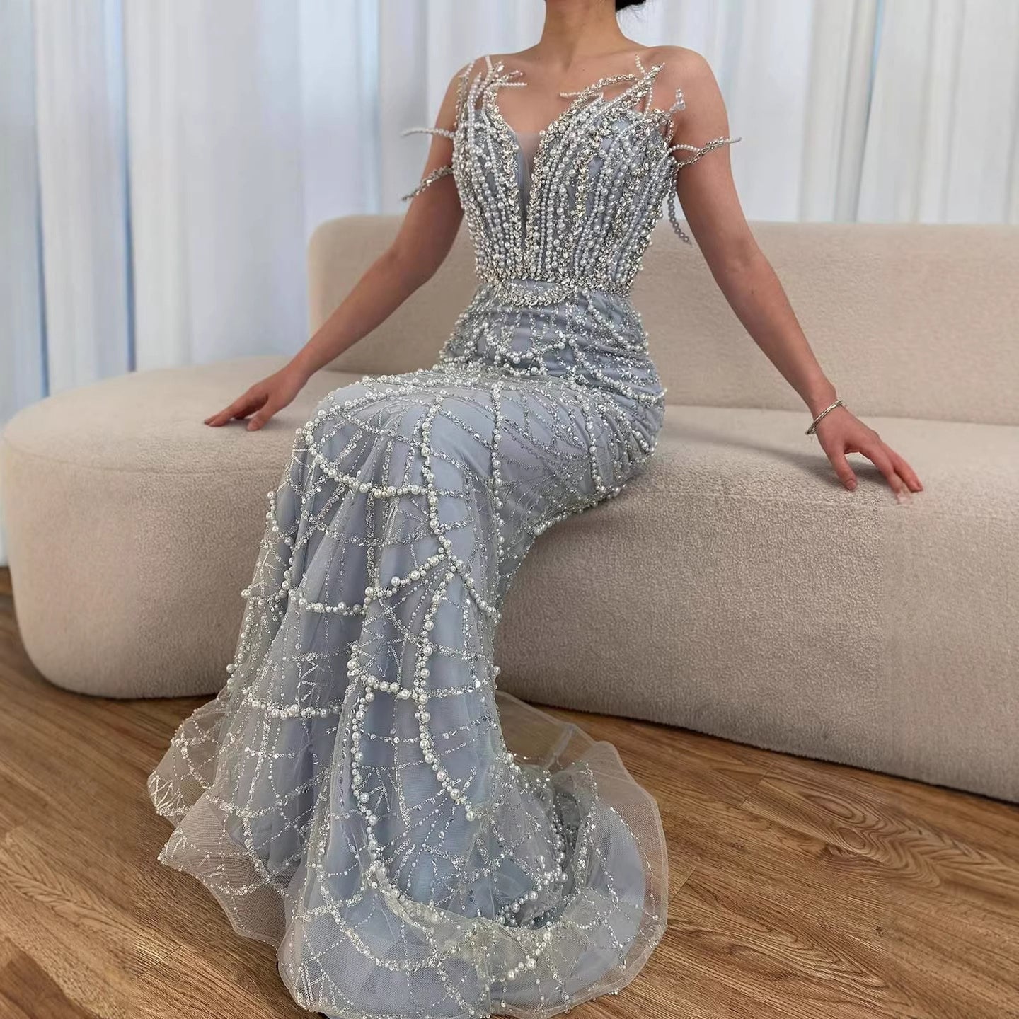 Luxury Dubai   Nude Saudi Pearls Beaded Mermaid Evening Dresses Gowns for Formal Occasion LA72816