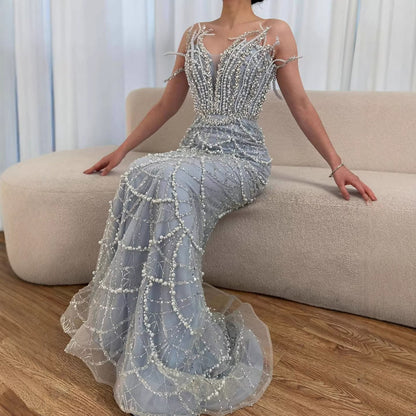 Luxury Dubai   Nude Saudi Pearls Beaded Mermaid Evening Dresses Gowns for Formal Occasion LA72816