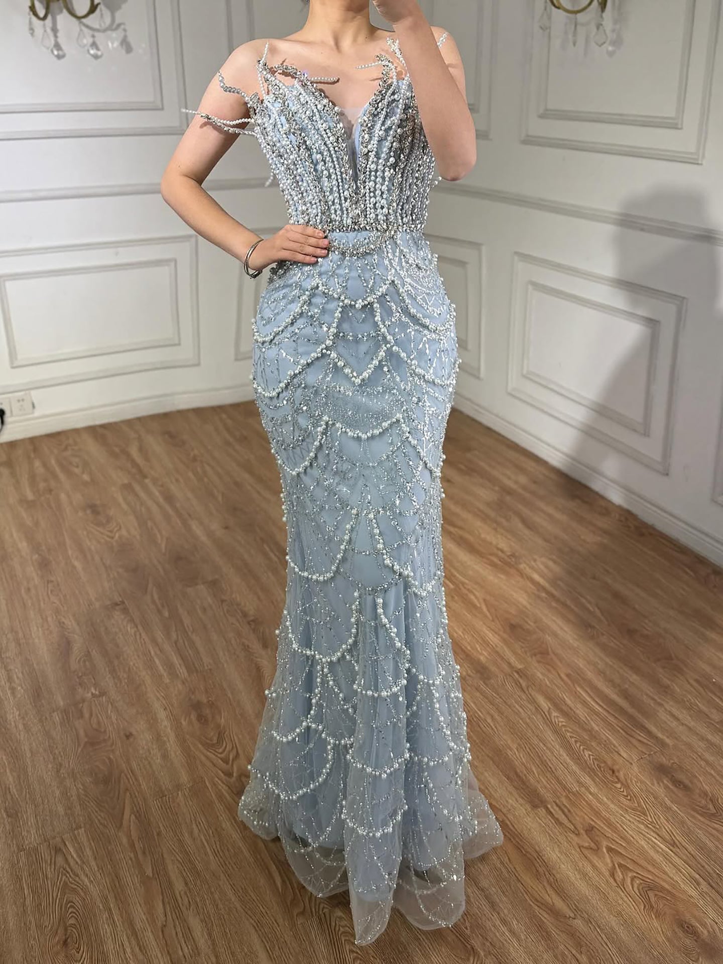 Luxury Dubai   Nude Saudi Pearls Beaded Mermaid Evening Dresses Gowns for Formal Occasion LA72816