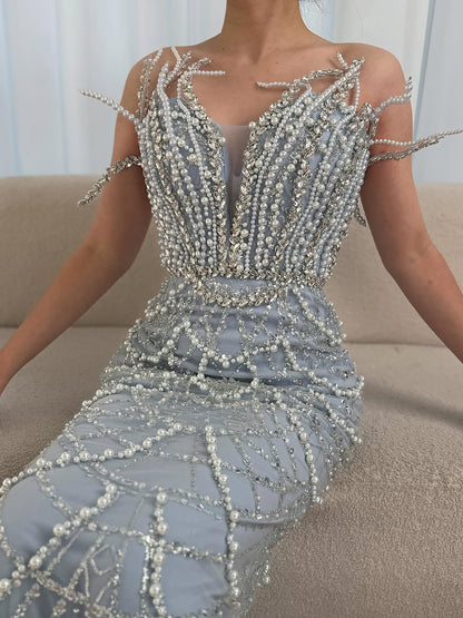 Luxury Dubai   Nude Saudi Pearls Beaded Mermaid Evening Dresses Gowns for Formal Occasion LA72816