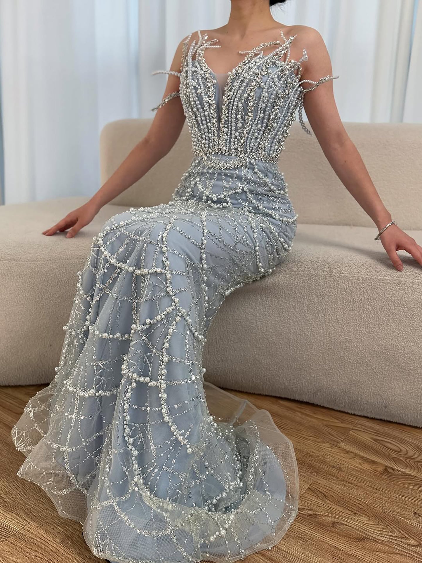 Luxury Dubai   Nude Saudi Pearls Beaded Mermaid Evening Dresses Gowns for Formal Occasion LA72816