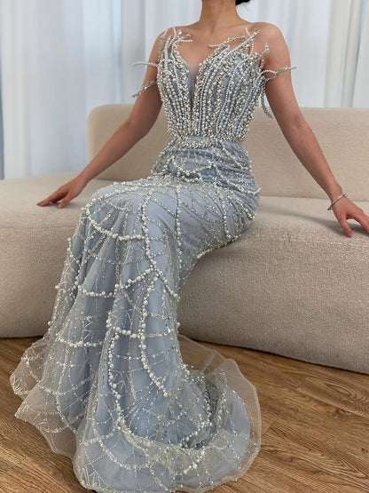 Luxury Dubai   Nude Saudi Pearls Beaded Mermaid Evening Dresses Gowns for Formal Occasion LA72816