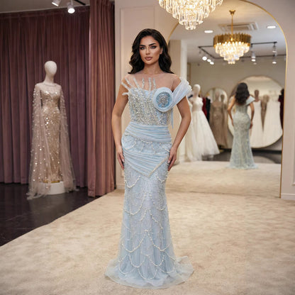 Luxury Blue Pearl Beaded Sleeveless Mermaid Evening Dress LA72816B
