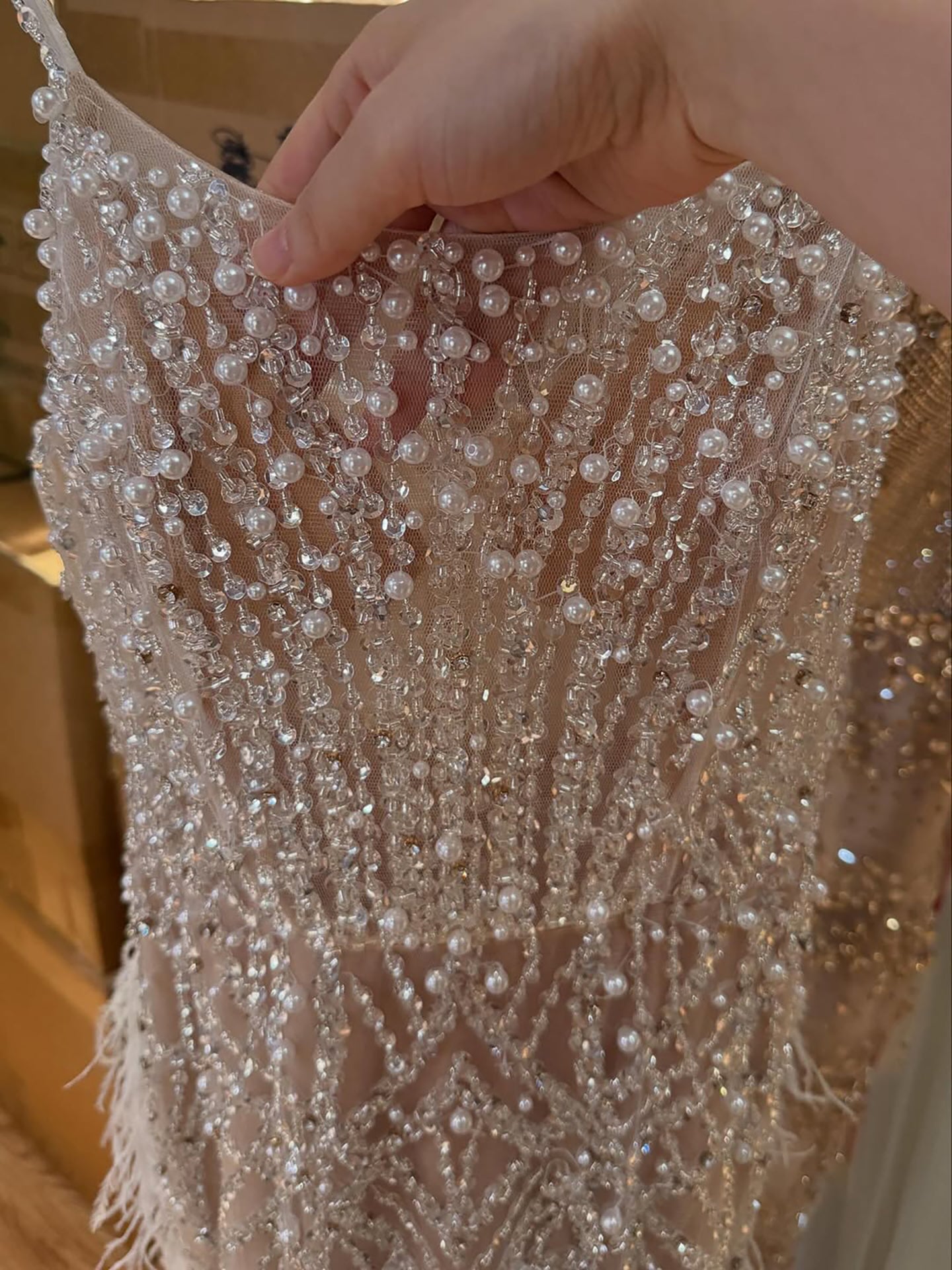 Luxury White Nude Spaghetti Strap Feathers Beaded Mermaid Dress LA72823 - SERENE  HILL