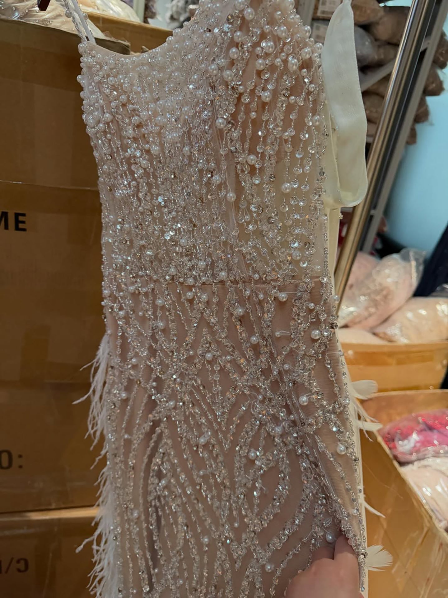 Luxury White Nude Spaghetti Strap Feathers Beaded Mermaid Dress LA72823 - SERENE  HILL