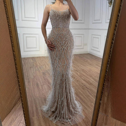 Luxury White Nude Spaghetti Strap Feathers Beaded Mermaid Dress LA72823 - SERENE  HILL