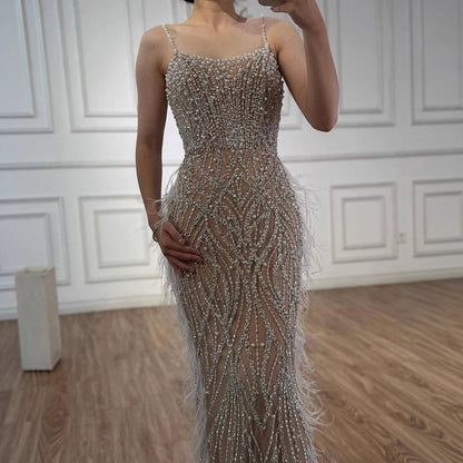 Luxury White Nude Spaghetti Strap Feathers Beaded Mermaid Dress LA72823 - SERENE  HILL