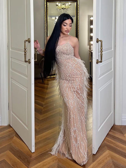 Luxury White Nude Spaghetti Strap Feathers Beaded Mermaid Dress LA72823 - SERENE  HILL