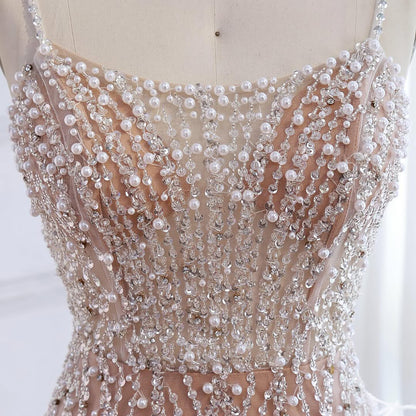 Luxury White Nude Spaghetti Strap Feathers Beaded Mermaid Dress LA72823 - SERENE  HILL