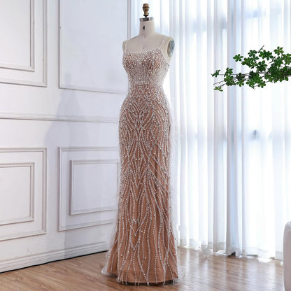 Luxury White Nude Spaghetti Strap Feathers Beaded Mermaid Dress LA72823 - SERENE  HILL