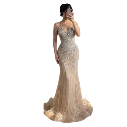 Saudi Arabic Off Shoulder Nude Beaded Tulle Mermaid Evening Gown LA72854
