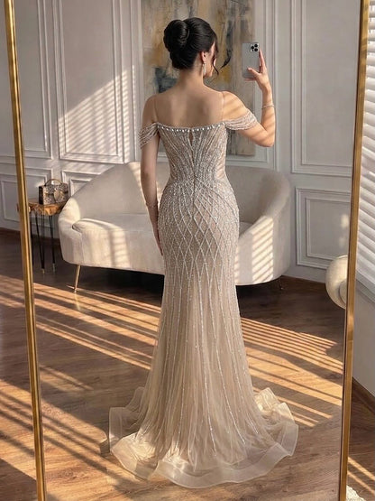 Saudi Arabic Off Shoulder Nude Beaded Tulle Mermaid Evening Gown LA72854