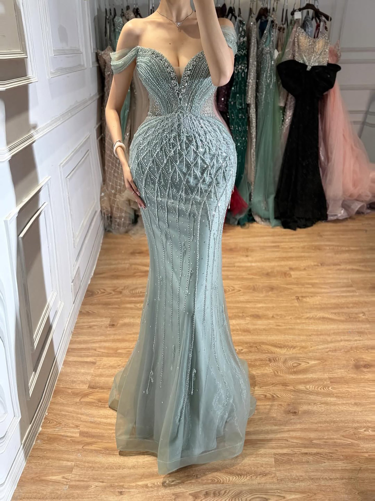 Luxury Nude Off Shoulder Beaded Tassel Evening Dress LA72854A SERENE HILL