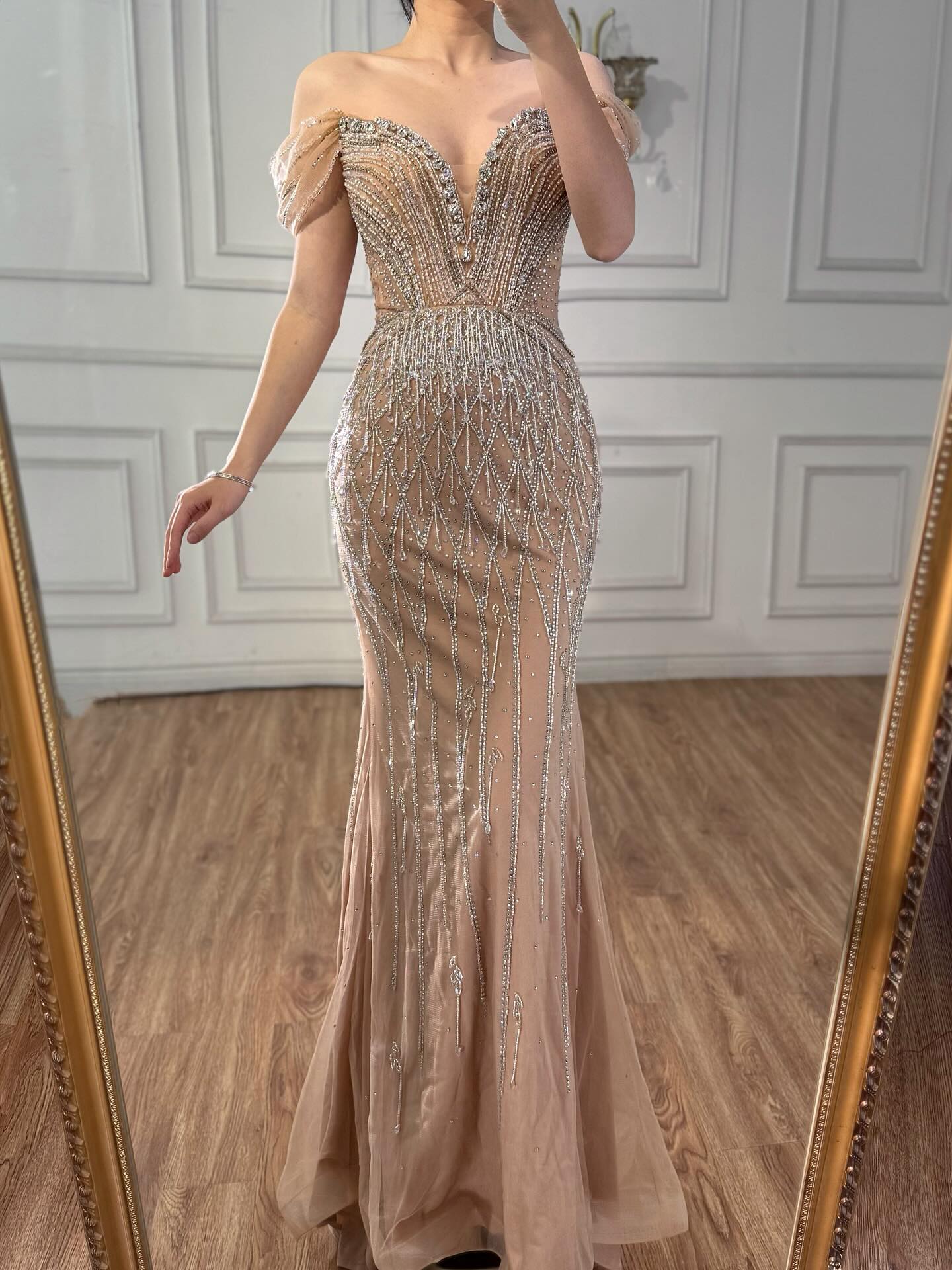Luxury Nude Off Shoulder Beaded Tassel Evening Dress LA72854A SERENE HILL