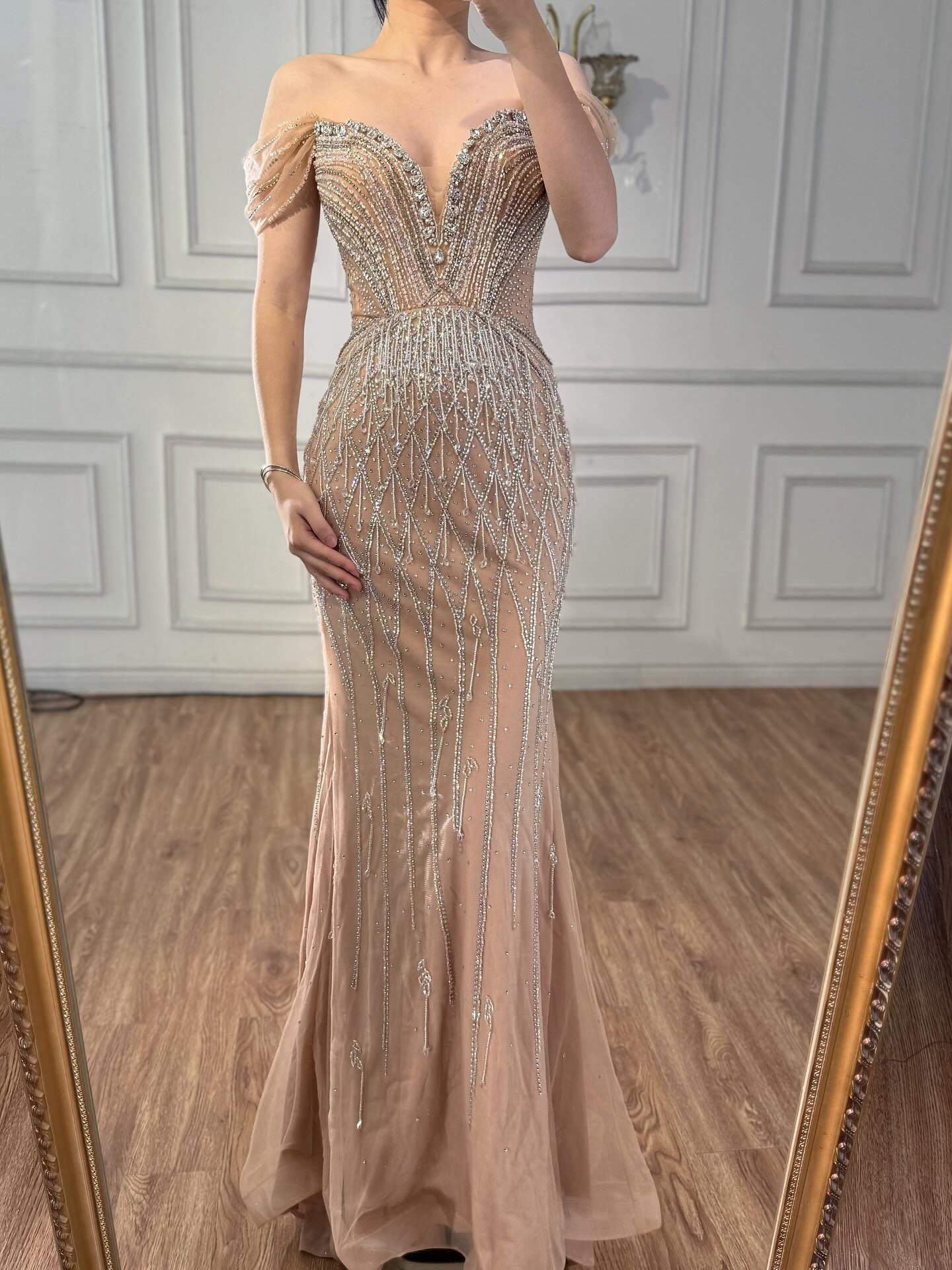 Luxury Nude Off Shoulder Beaded Tassel Evening Dress LA72854A SERENE HILL