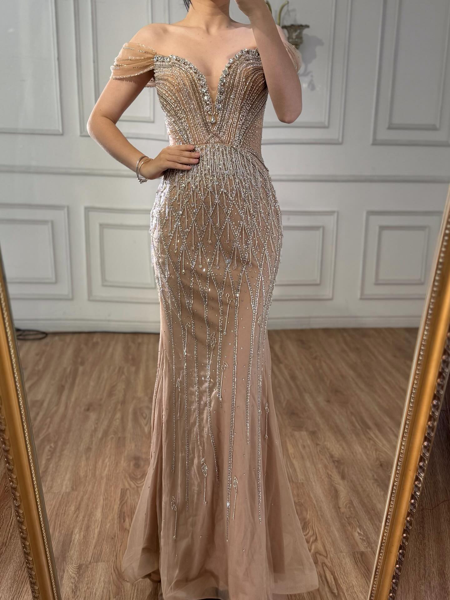 Luxury Nude Off Shoulder Beaded Tassel Evening Dress LA72854A SERENE HILL