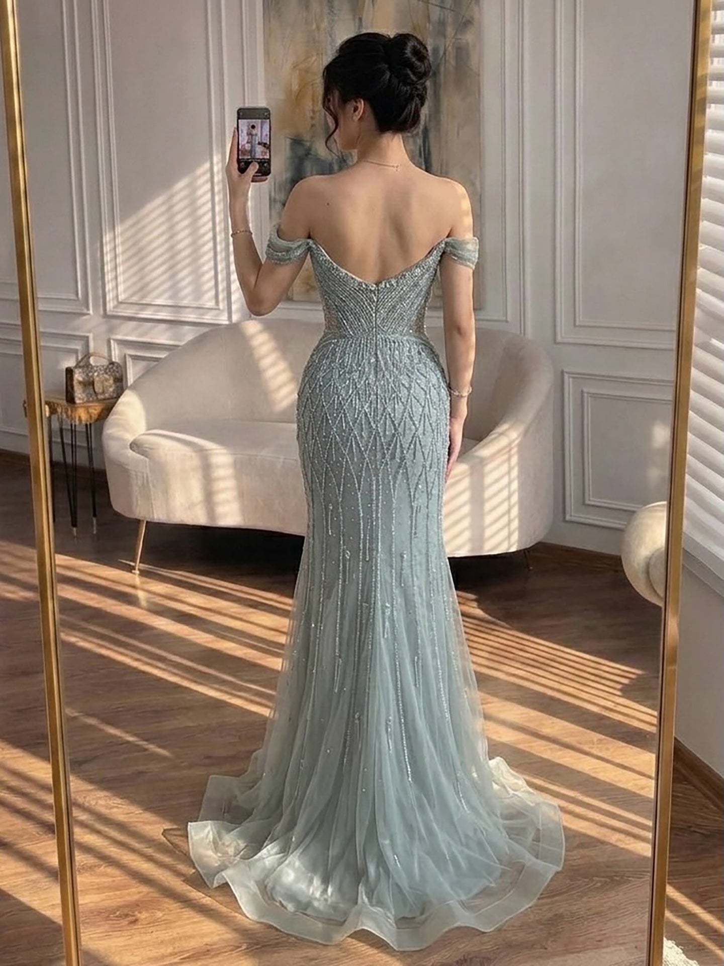 Luxury Nude Off Shoulder Beaded Tassel Evening Dress LA72854A SERENE HILL