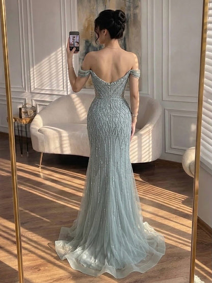 Luxury Nude Off Shoulder Beaded Tassel Evening Dress LA72854A SERENE HILL