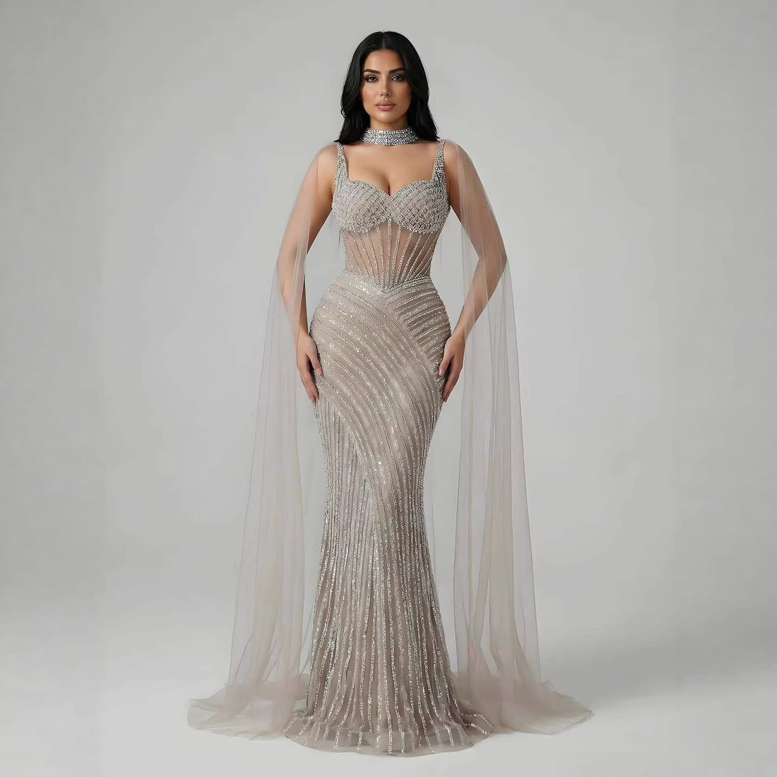 Luxury Nude Beaded Mermaid Evening Dress With Cape Sleeves LA72860