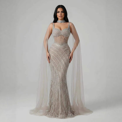Luxury Nude Beaded Mermaid Evening Dress With Cape Sleeves LA72860
