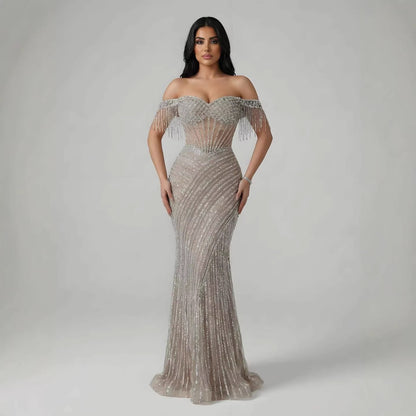 Luxury Nude Beaded Mermaid Evening Dress With Cape Sleeves LA72860