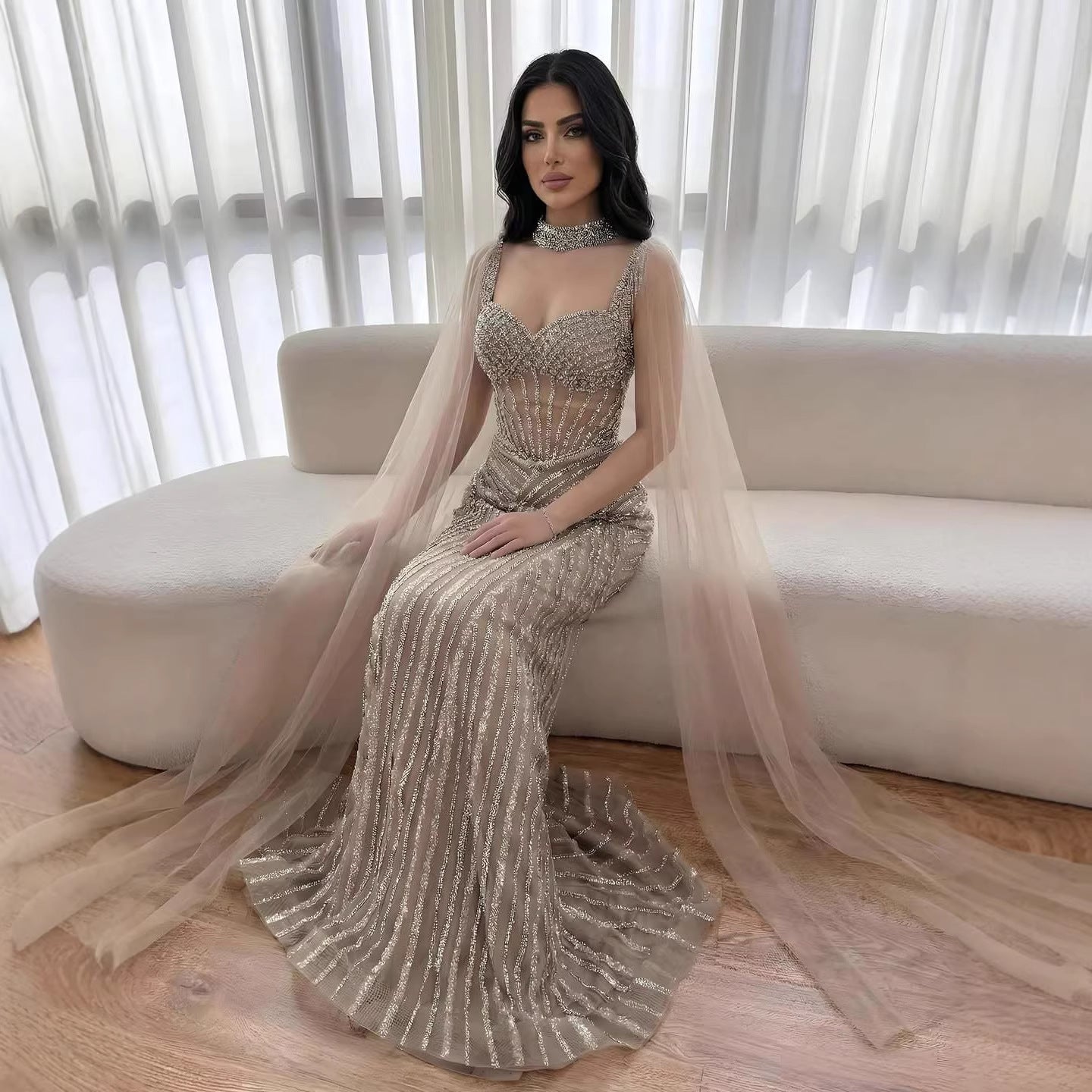 Luxury Nude Beaded Mermaid Evening Dress With Cape Sleeves LA72860
